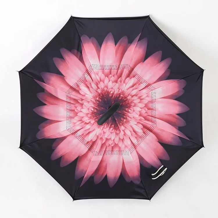 Wholesale Double Layer Pongee Fabric Manual Open Reverse Inverted Umbrella with C-Shape Handle Floral Design for Adults