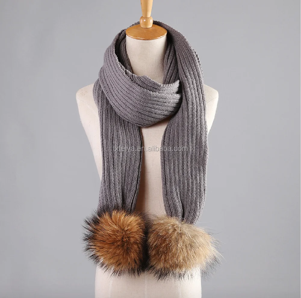 Winter Knit Scarf With Detachable Real Raccoon Fur Pom Poms UK Style Knitted Scarves (60527757302)