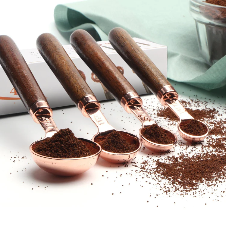Copper Measuring Spoons Set of 4 Stainless Steel with Wooden Handle Engraved Measurements