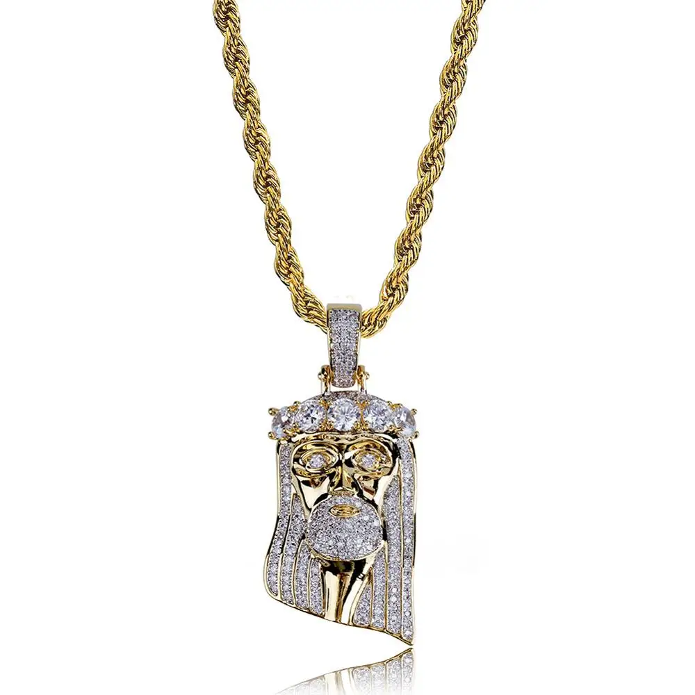 Wholesale New Listing High-end 18k Gold Plated Hiphop Iced Out AAA Zircon Vintage Crown Jesue Piece Pendant Necklace Jewelry
