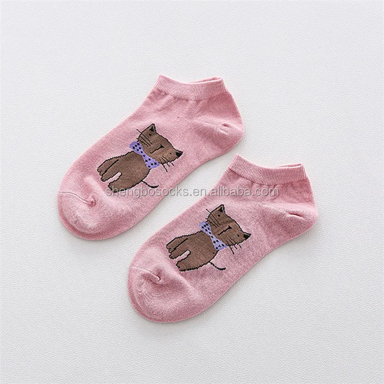 
New arrival Japanese style spring and autumn ladies boat socks, wholesale candy color cartoon cat design cotton ankle socks 