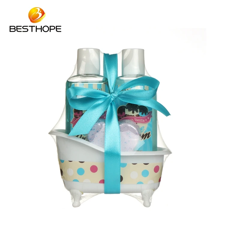 High quality oem shower gel bubble bath body scrub sponge set promotional bath spa gift set in paper box
