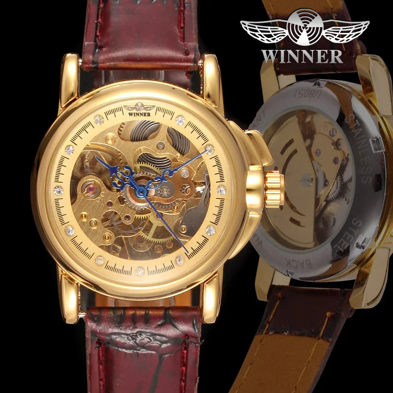 Winner Luxury Women Gift Brand Golden Skeleton Watches Relojes Mujer With Brown Leather