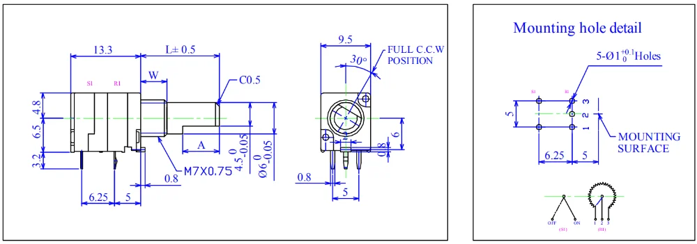 B10K 5 pins feet Carbon rotary potentiometers with switch