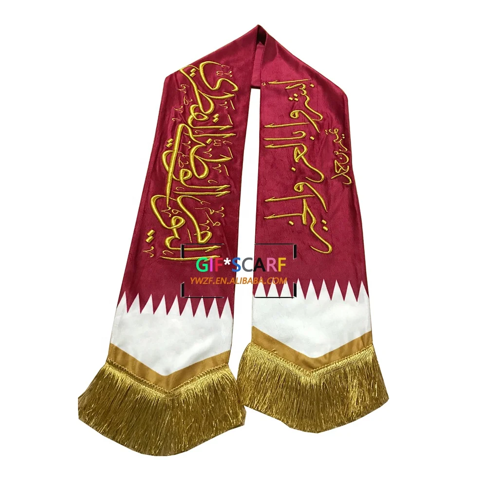 Customize Fleece Printed and Embroidery flag scarf with tassels football fans Qatar Event Scarf