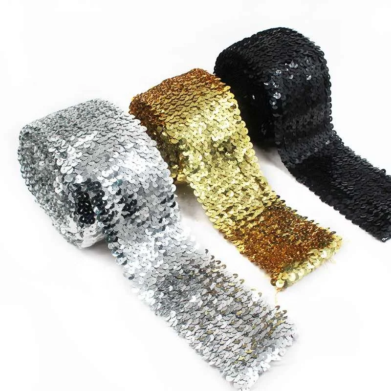7.5CM High quality sequin lace  gold silver black sequined trimming  8rows elastic sequin lace