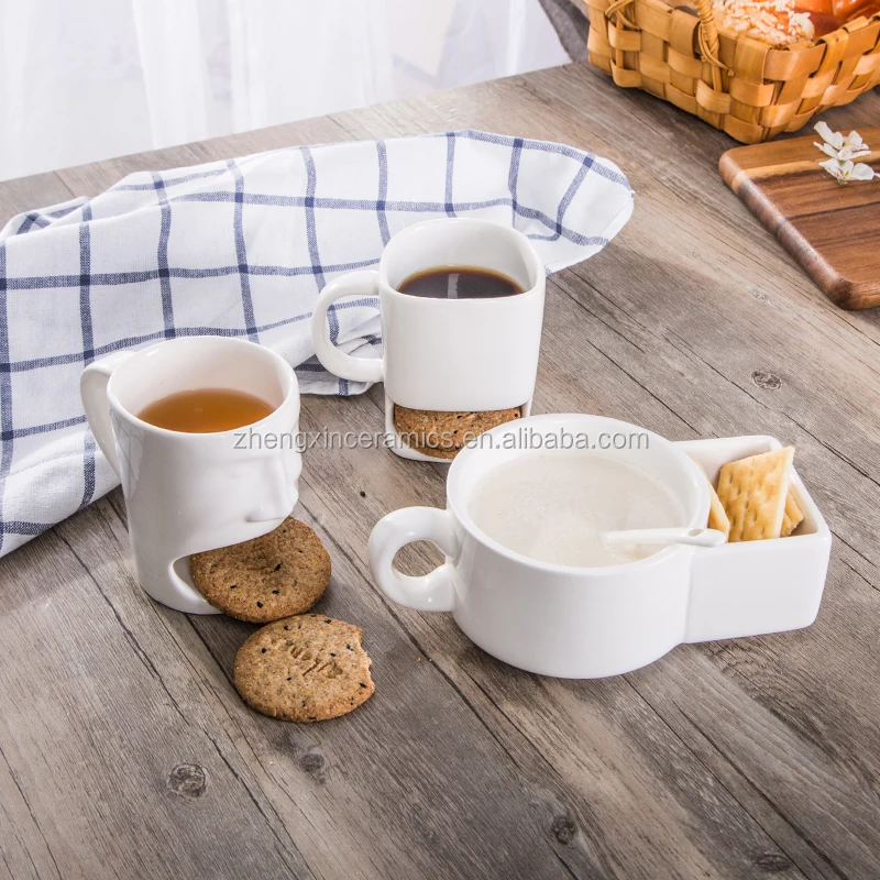 Ceramic Soup And Cracker Mug Pure White Cereal Bowl Veggies Chips French Fries Snack Cup With Sauce Plate