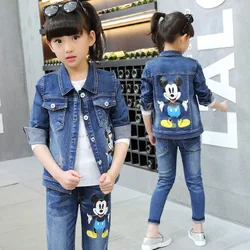 Junior Girls children spring Jeans autumn sports casual cowboy Cartoon Mouse suit 2 sets