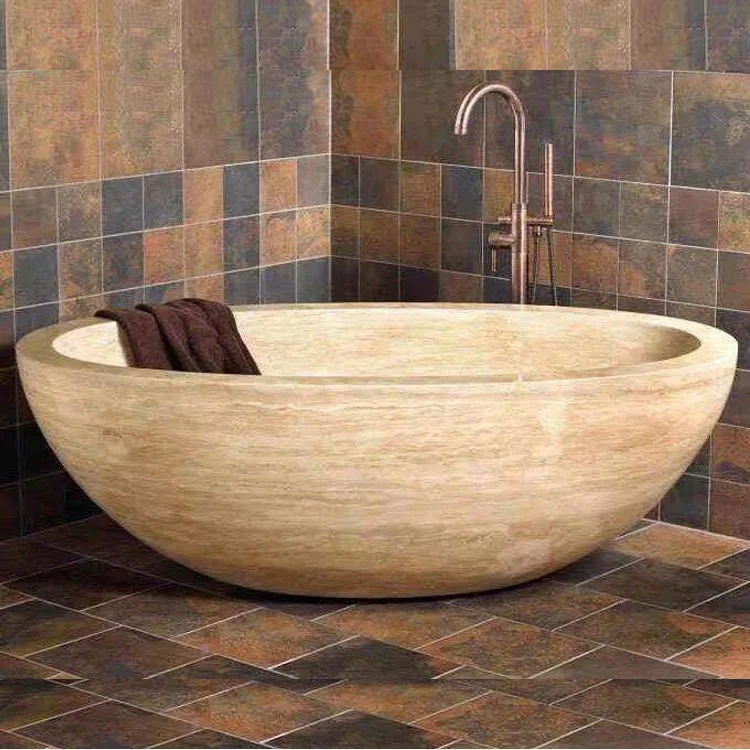 Freestanding High Polished Large Size Natural Sandstone Yellow Marble Stone Oval Bathtub Marble Stone Tub For Hotel Bathroom
