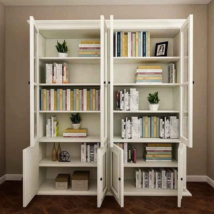 Solid wood bookcase display cabinet modern simple study rack oak glass door bookcase