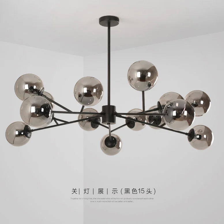 
Modern living room 15 lights Iron rack amber grey Blow Color Glass ball lampshade crystal rose chandelier 