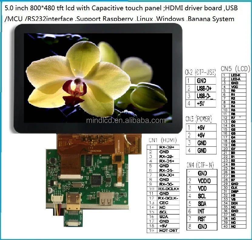 WVGA 5.0 inch IPS tft lcd screen capacitive touch panel control board USB interface display screen