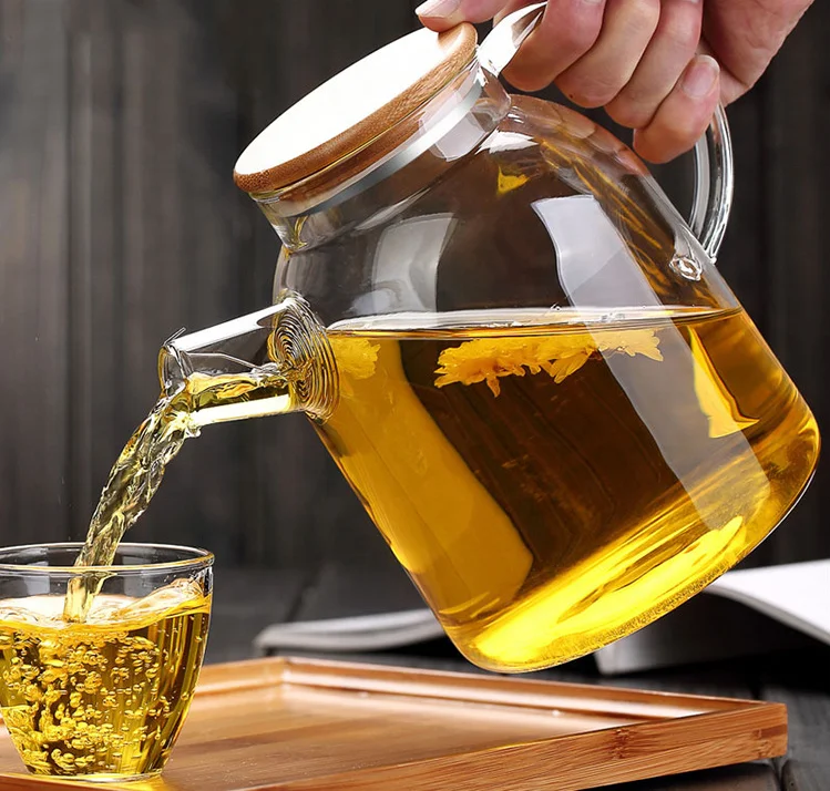 clear borosilicate glass heat resistant teapot by handmade with bamboo or stainless steel lid and infuser