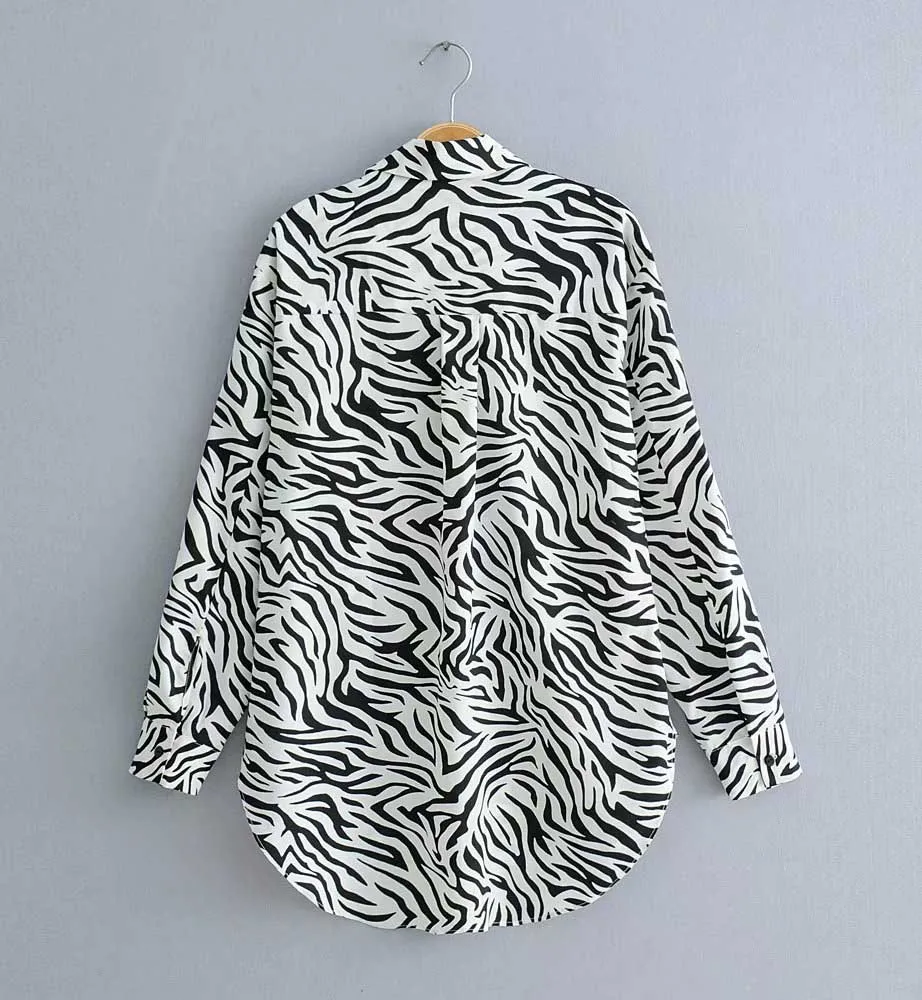 Good quality turn down collar animal print blouse women custom long sleeve shirt