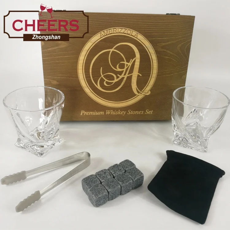 Premium Whiskey Stones and Whiskey Glasses Gift Boxed Set, 8 Granite Chilling Whisky Rocks with Ice Tong and Pouch in Wooden Box
