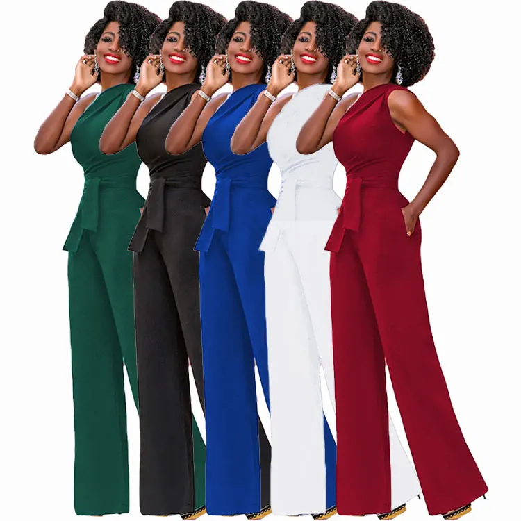 
New MM5485 Black Tie Waist Sleeveless One Shoulder Pants Casual Trousers Ladies Vintage Long Jumpsuit 