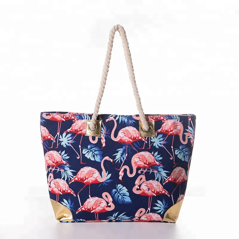 Women Rope Handle Canvas Beach Bag Flamingo