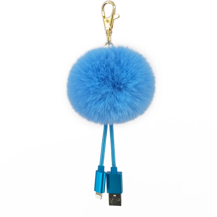 Yonze usb fluffy puff ball bag charm fur pom-poms fashion fake fur handbag usb cable charger plush keychain