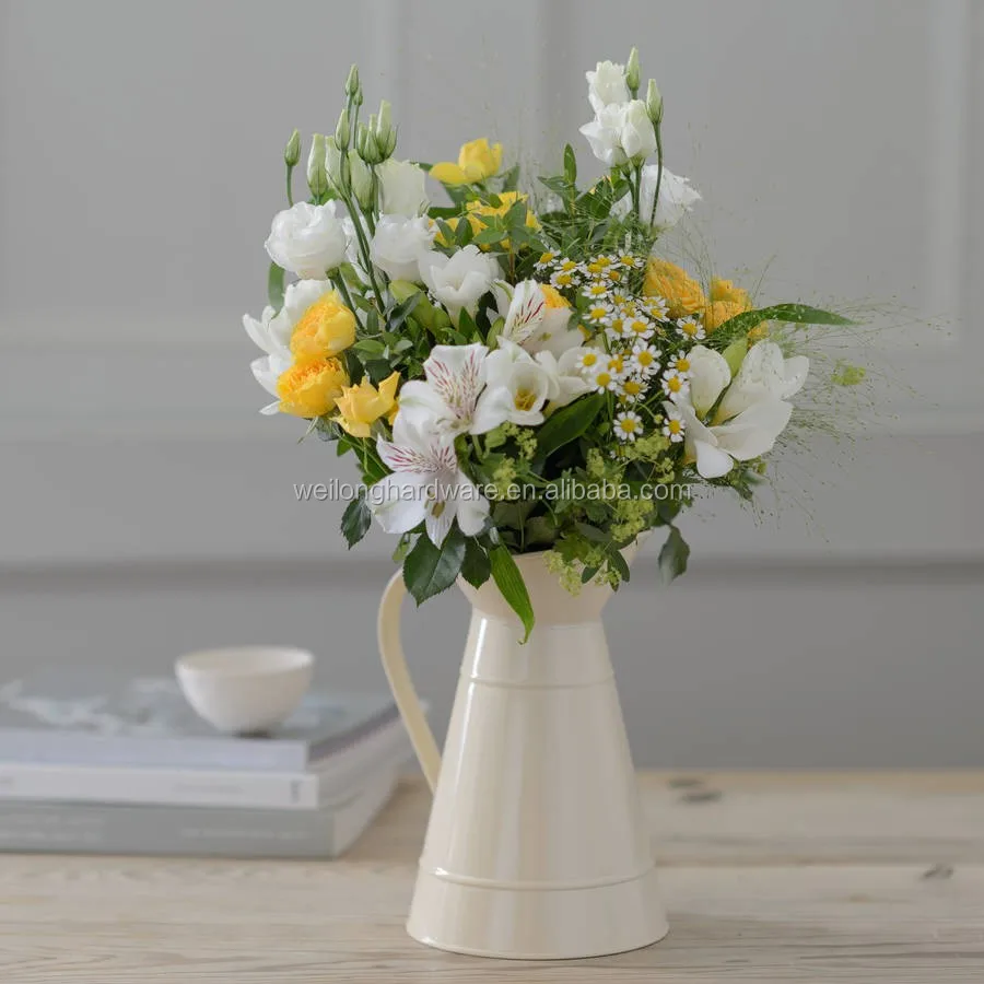 Cream Enamel Metal Jug Large Flower Pitcher Vase