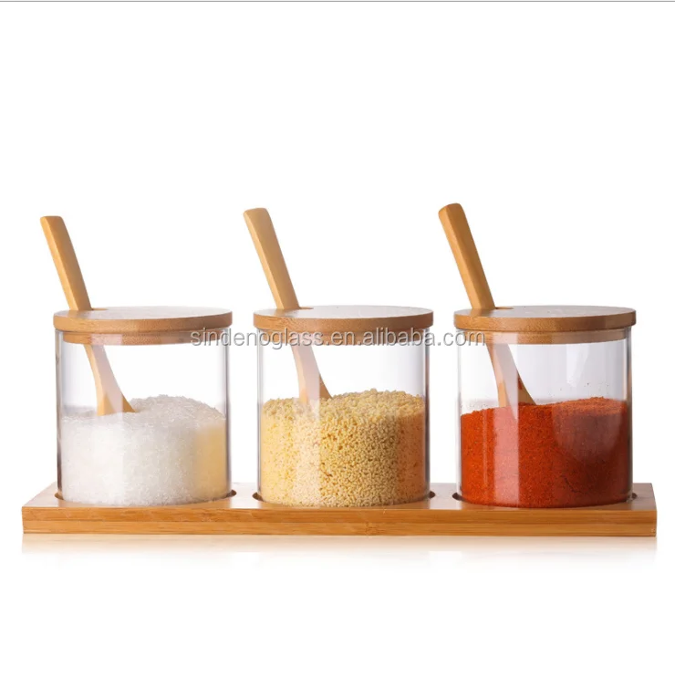 Condiment Container Seasoning Box Pot 3pcs Spice Kitchen Glass Jar Set with Bamboo Spoon Lid and Base