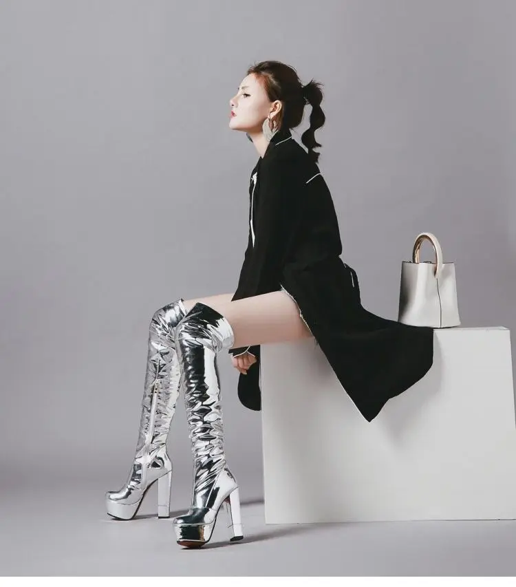 New fashion women silver color shoes platform high chunky heels over the knee boots