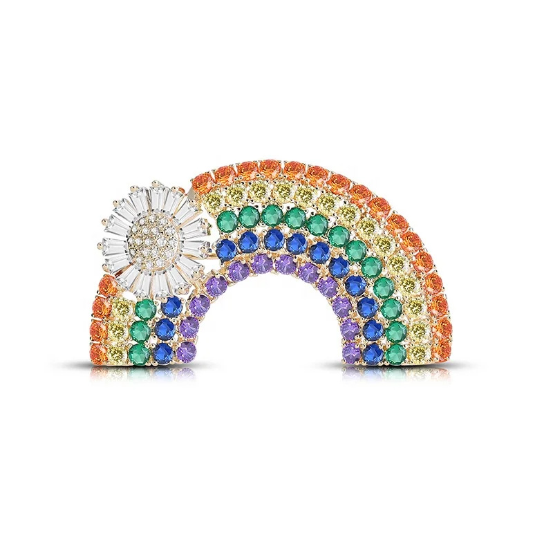 Women fashion accessories jewelry gold plated multi color rhinestone crystals rainbow brooch
