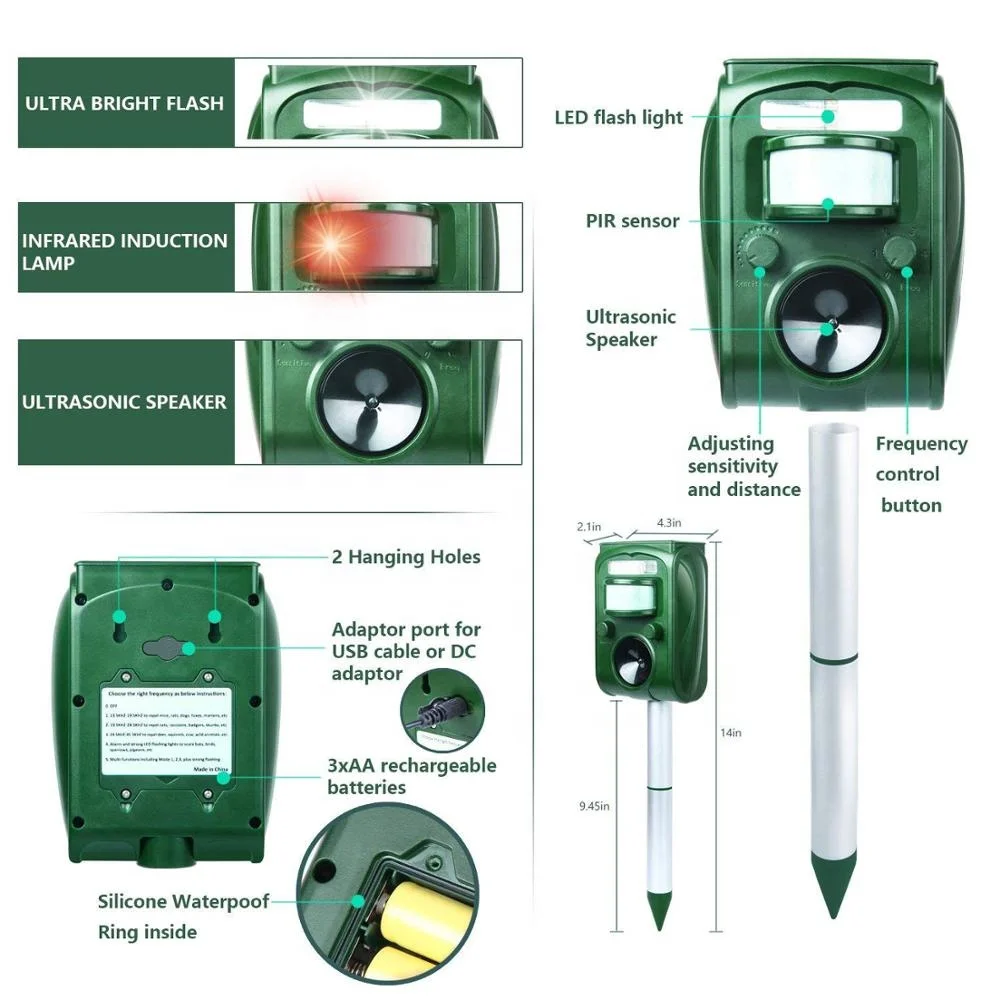 
hot sale PIR solar ultrasonic animal bird repeller with LED light 