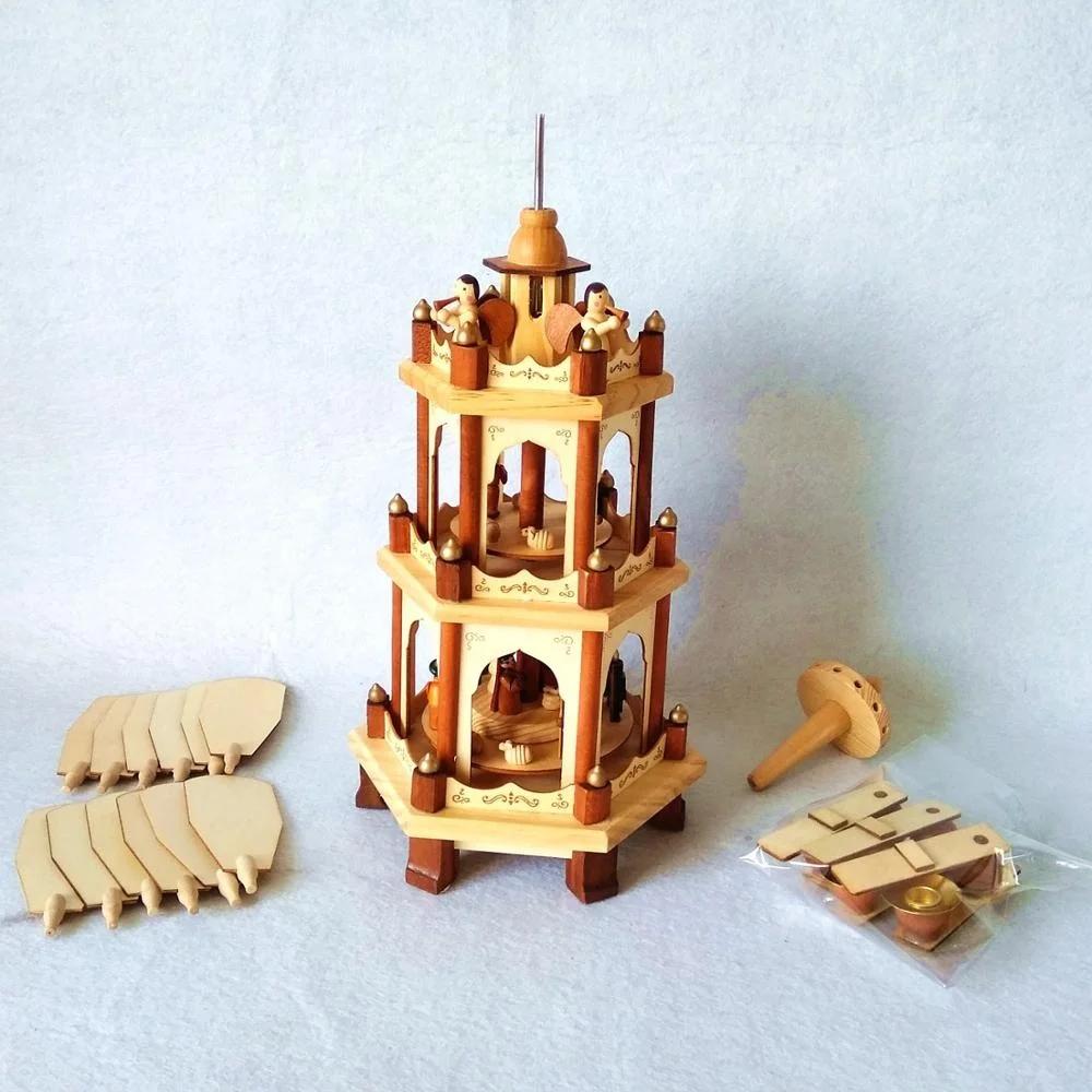 3 tier wooden German Christmas pyramid with tealight candle holders