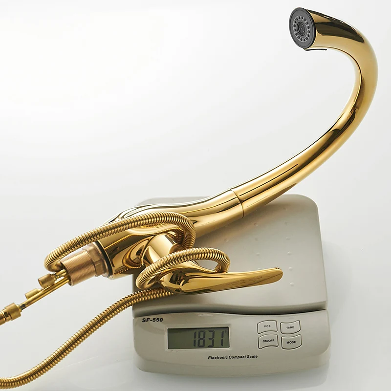 Elegant Gold Swan Style Pull Down Sprayer Single Lever Black Kitchen Sink Faucet DG-PK2009-GN