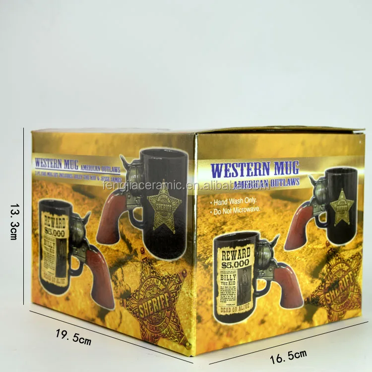 Ceramic mug custom design black mug with gun handle and metal logo