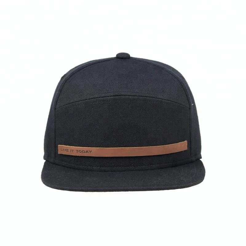 Custom Wool Strapback Black Black 7 Panel Hat Snapback Cap