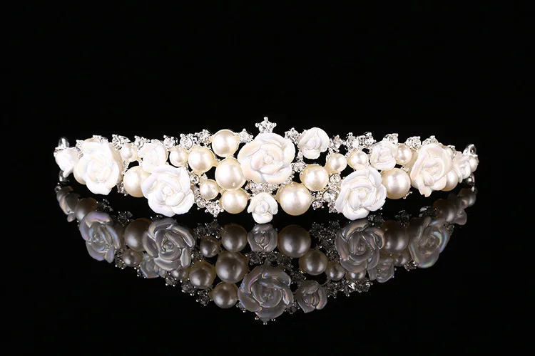 New ceramic rose flower pearl tiara bridal wedding alloy crown factory direct