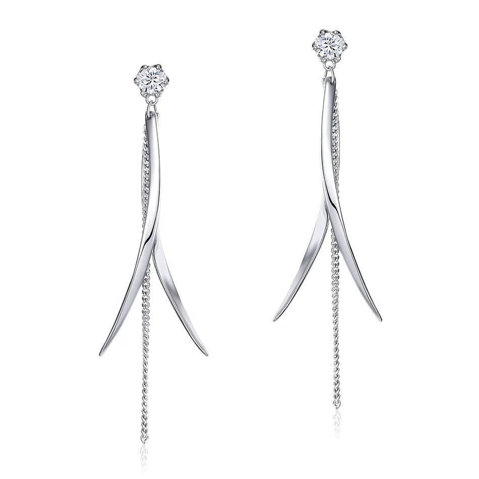 Dainty white gold CZ 925 Sterling silver dangle twisted ribbon drop tassel earrings