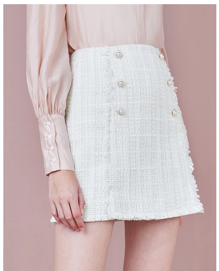 Women Fitting High Waisted Mini Length Pearl Button Jacquard Skirt