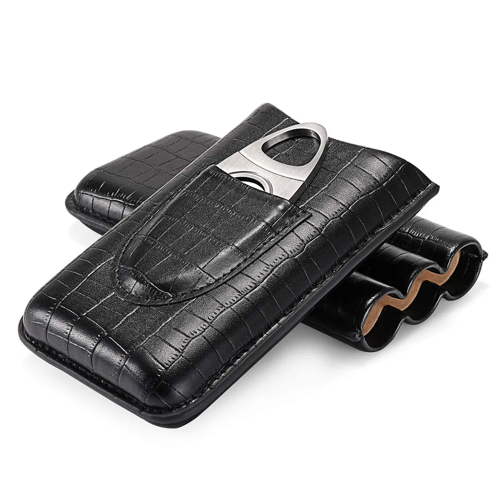 
Custom Handmade Black 3 pieces Luxury Crocodile grain Genuine Leather Cigar Box Cigar Humidor Box with cutter pocket  (62123690436)