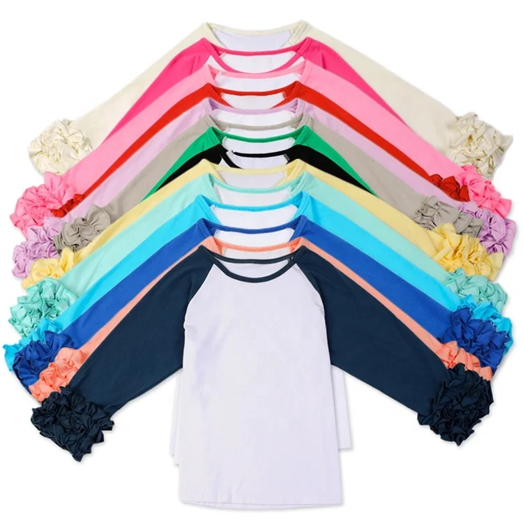 
100% Cotton Kids t shirts baby long sleeve ruffle t-shirt wholesale icing ruffle raglan shirt 