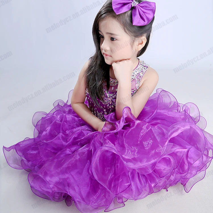 Hot selling organza short child dress summer beaded girls dresses purple