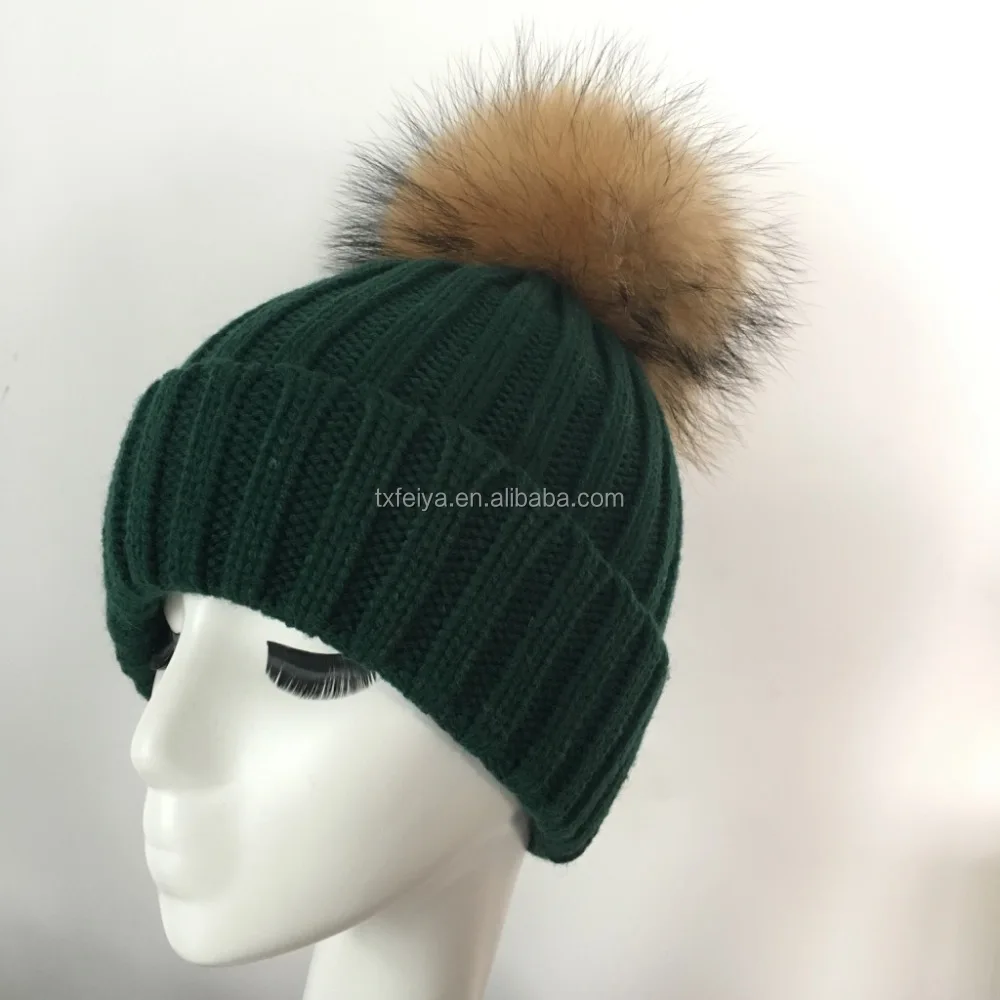 Winter Raccoon Fur Pompom Knit Hat for Women Fur Pom Pom Beanies Hats