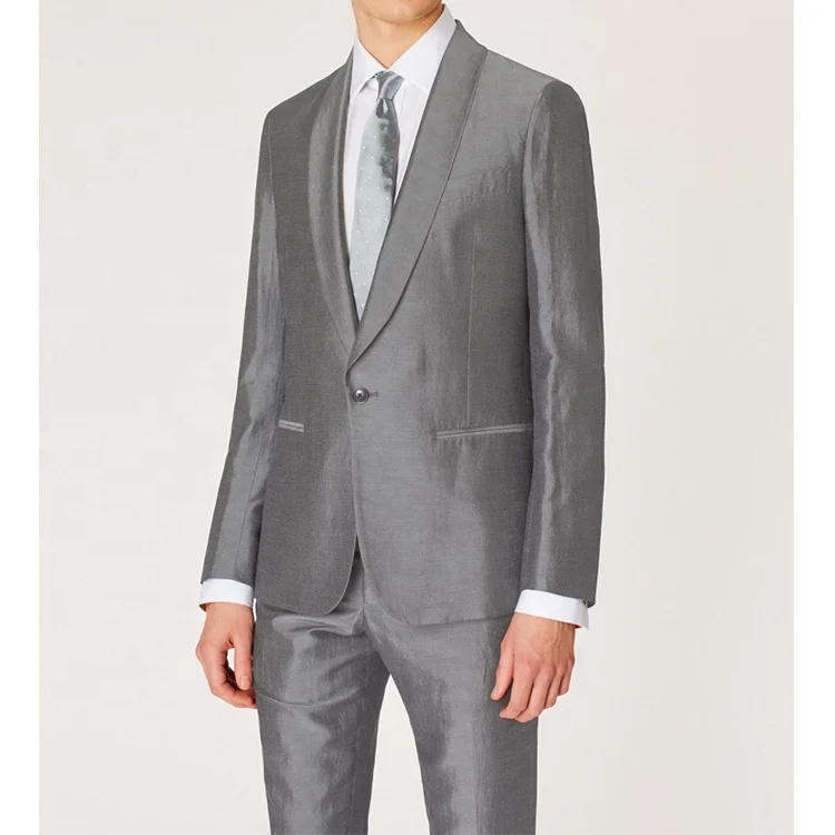 silver shiny gorgeous luxury exquisite slim MTM dress tuxedo wedding party linen light grey iron silk suit men