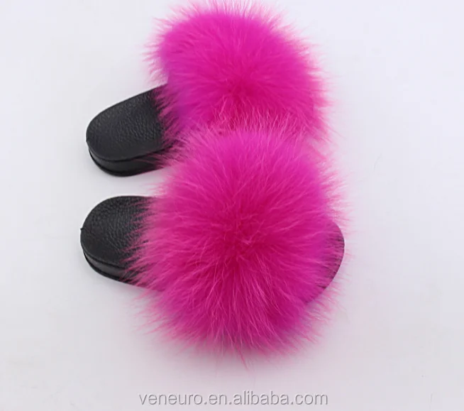 Fashion Design Women Real Fluffy Fox Fur Kids Sandal Furry Slides Indoor Outdoor Fur Kids Slippers