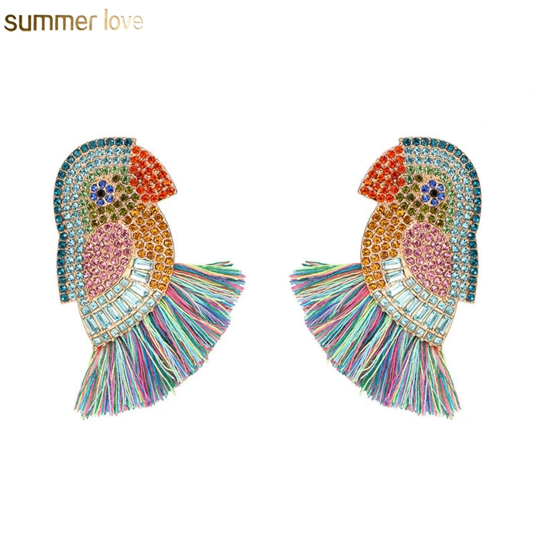 Unique Design Boho Colorful Fish Crab Flower Parrot Bird Tassel Drop Dangle Statement Crystal Earring For Bridal Wedding Jewelry