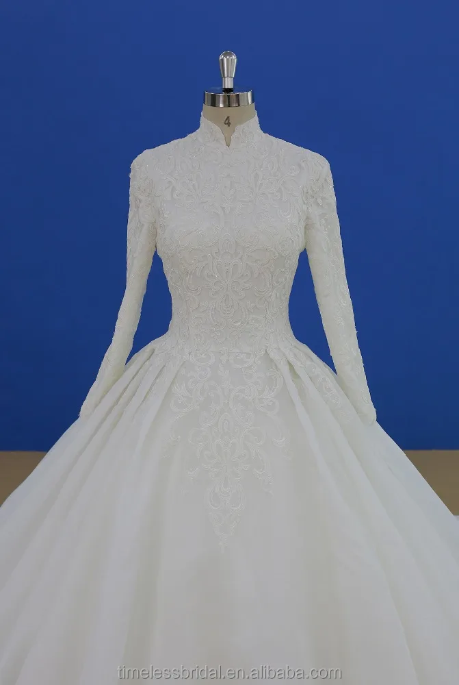 High quality beaded lace appliqued high collar muslim ballgown wedding dress