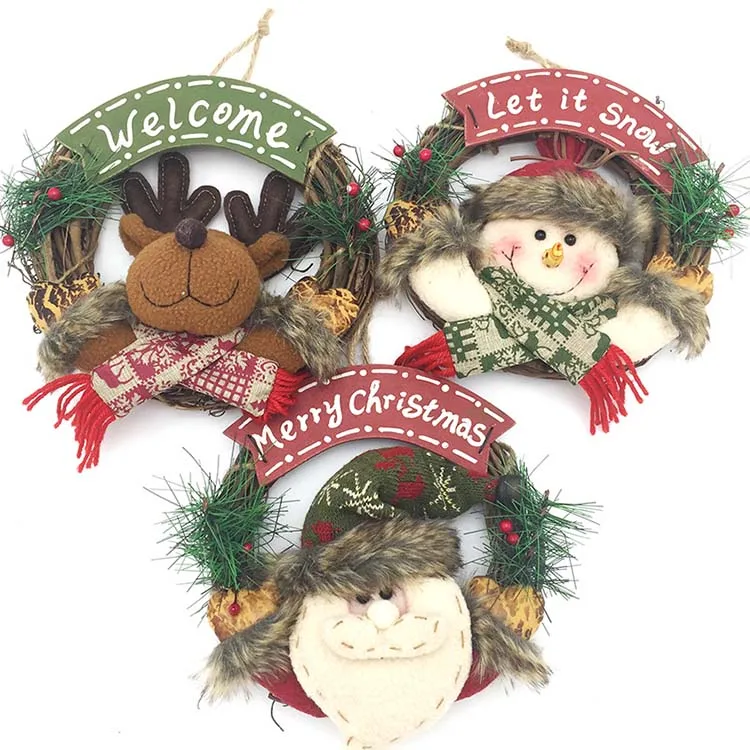 
Christmas Deer Front Door Wreath Santa Claus Snowman Handmade Natural Rattan Wreath Small Wooden Decorative Christmas Wreath 