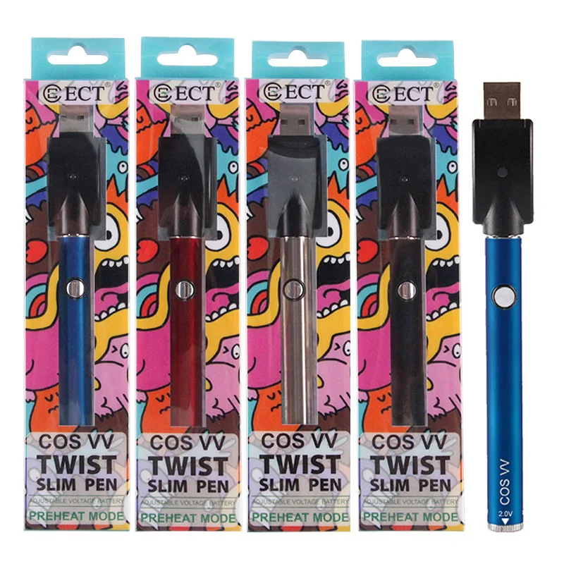 
ECT COS vv Vape pen battery 90*11mm Silver Black Red Blue CBD atomizer battery 380mah preheat e cig pen battery 510 kit 
