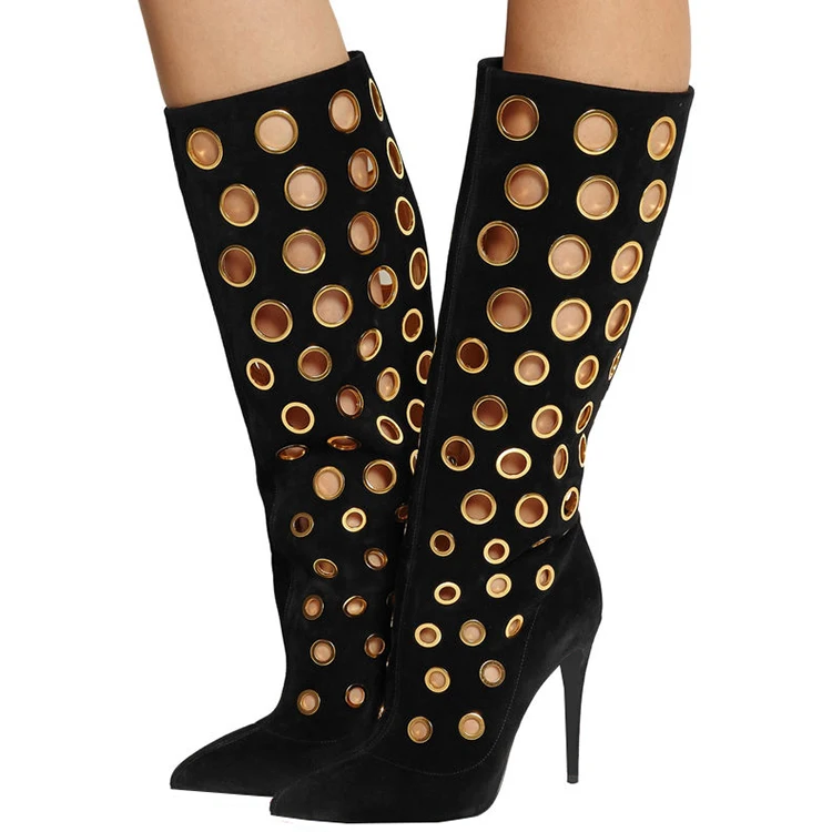 Stylish ladies women pointed toes evening dress pumps suede metal hole thigh high boots