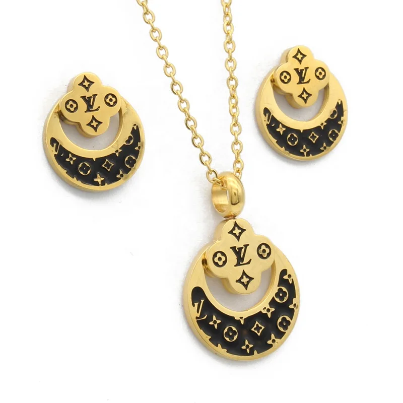 
High Fashion Wholesale Cheap Women Enamel Stainless Steel Gold Necklace Set Jewelry 
