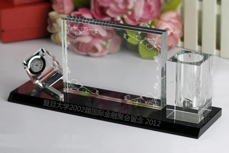 Table Crystal Office Stationery Set With Pen /clock/Name Card Holder
