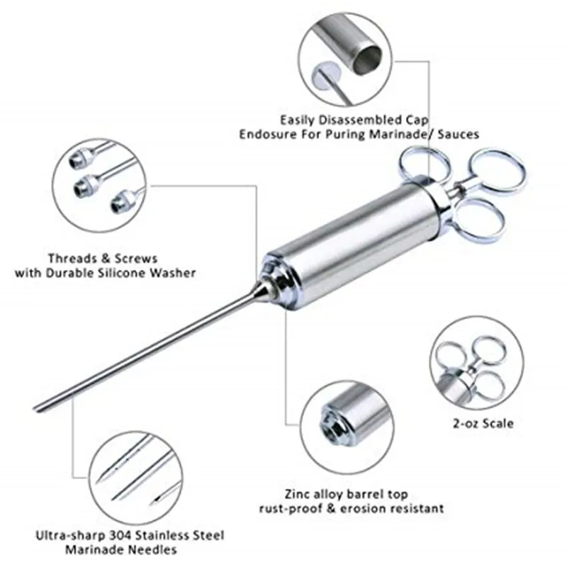 Premium BBQ Accessories Large Capacity Stainless Steel Meat Injector Syringe with 3 Marinade Needles