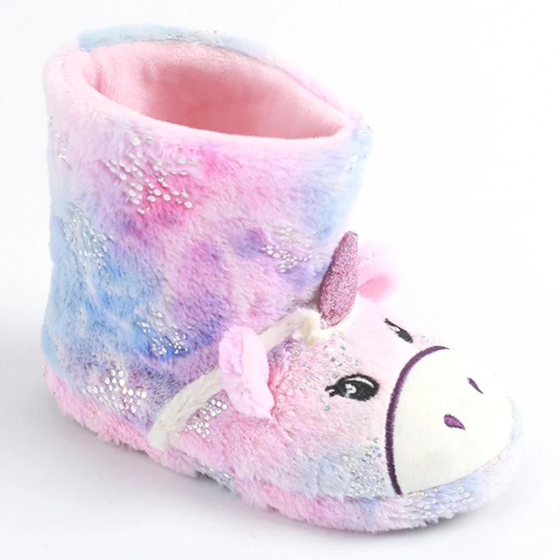 Foil printed beautiful plush fur novelty animal unicorn boot house slippers for kids girls