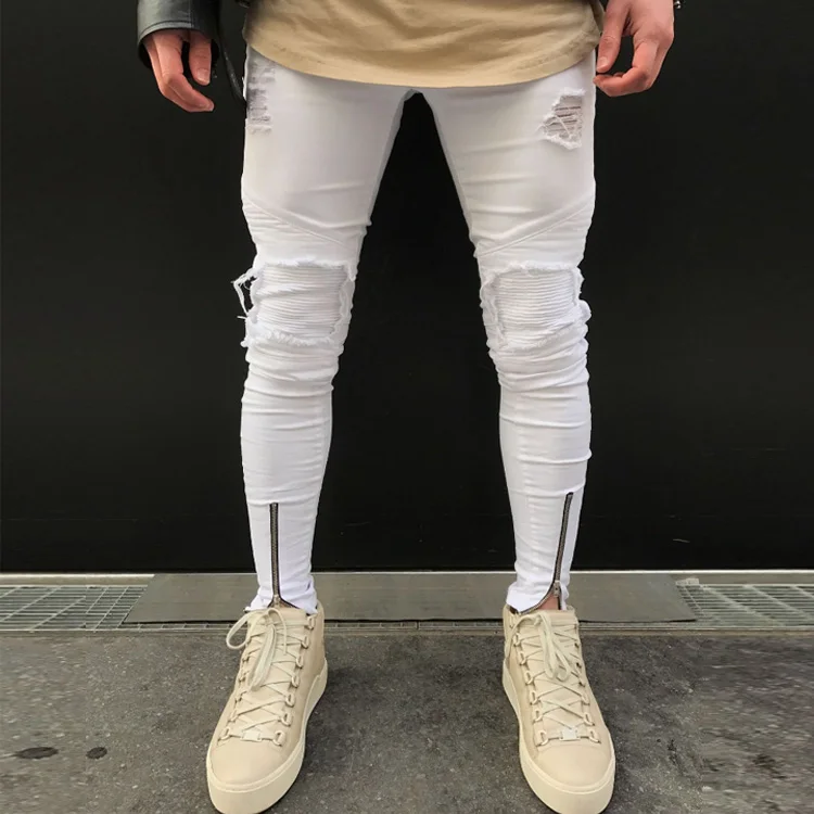 Мужские эластичные рваные облегающие байкерские джинсы, зауженные джинсовые штаны с резинкой, брюки-бермуды со складками, джинсы с вырезами на коленях